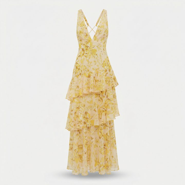 Elena | Airy Chiffon Long Dress with Flower Pattern