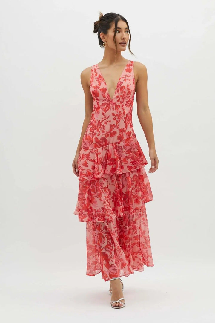 Mila | Airy Chiffon Long Dress with Flower Pattern