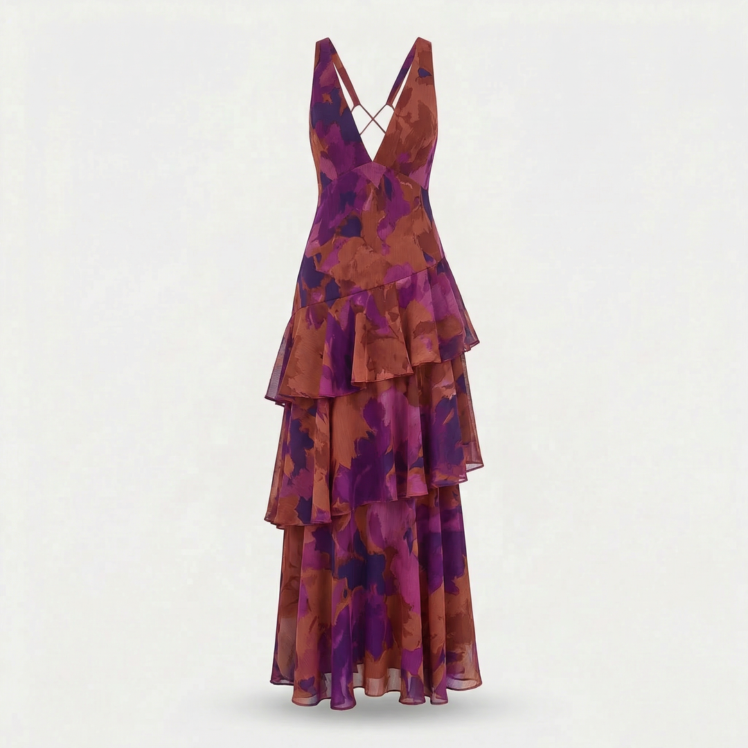 Elena | Airy Chiffon Long Dress with Flower Pattern