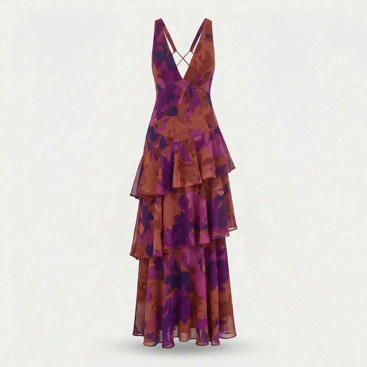Elena | Airy Chiffon Long Dress with Flower Pattern