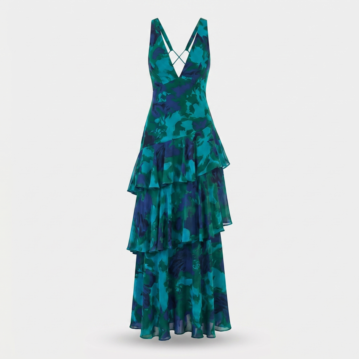 Elena | Airy Chiffon Long Dress with Flower Pattern