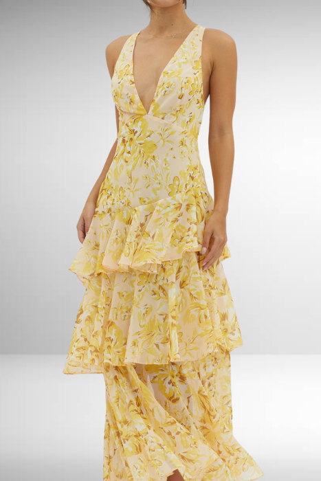 Mila | Airy Chiffon Long Dress with Flower Pattern