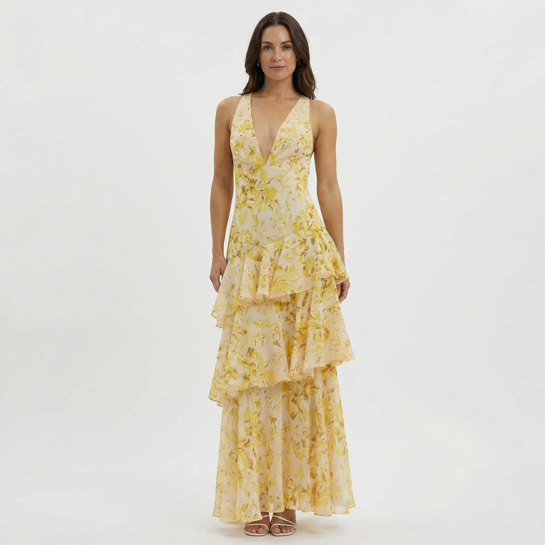 Elena | Airy Chiffon Long Dress with Flower Pattern