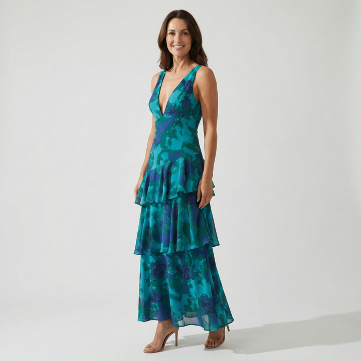 Elena | Airy Chiffon Long Dress with Flower Pattern