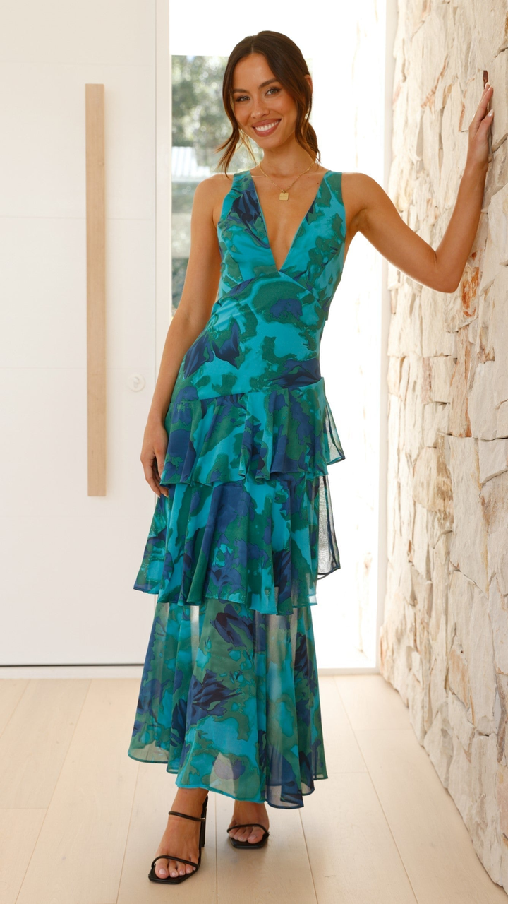 Elena | Airy Chiffon Long Dress with Flower Pattern