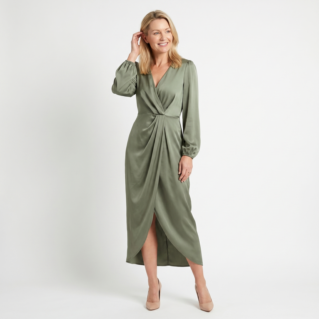 Delilah | Long Sleeve V-Neck Midi Dress with Split