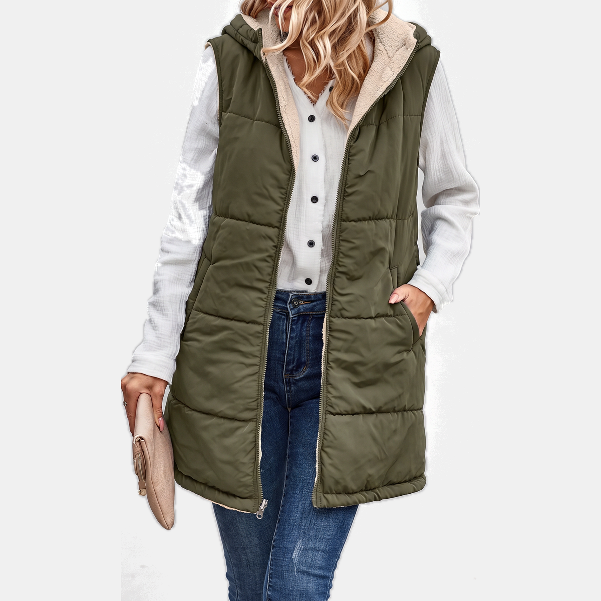 Aliana | Reversible Sherpa Fleece Sleeveless Hooded Zip Up Vest