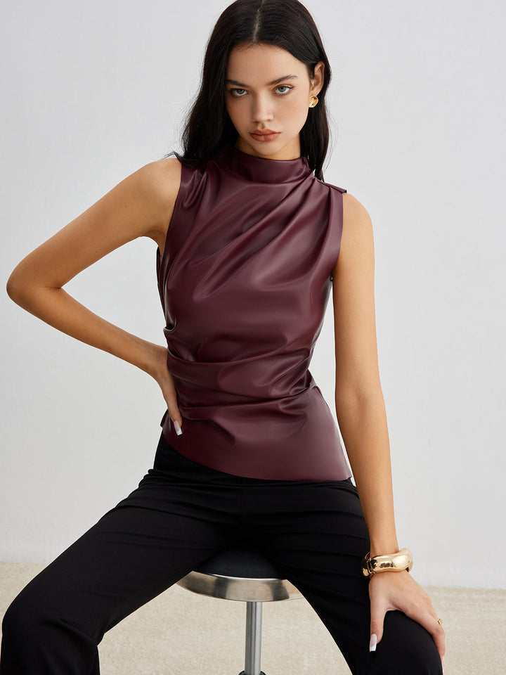 Clara | Asymmetrical Draped Sleeveless Top – Mock Neck