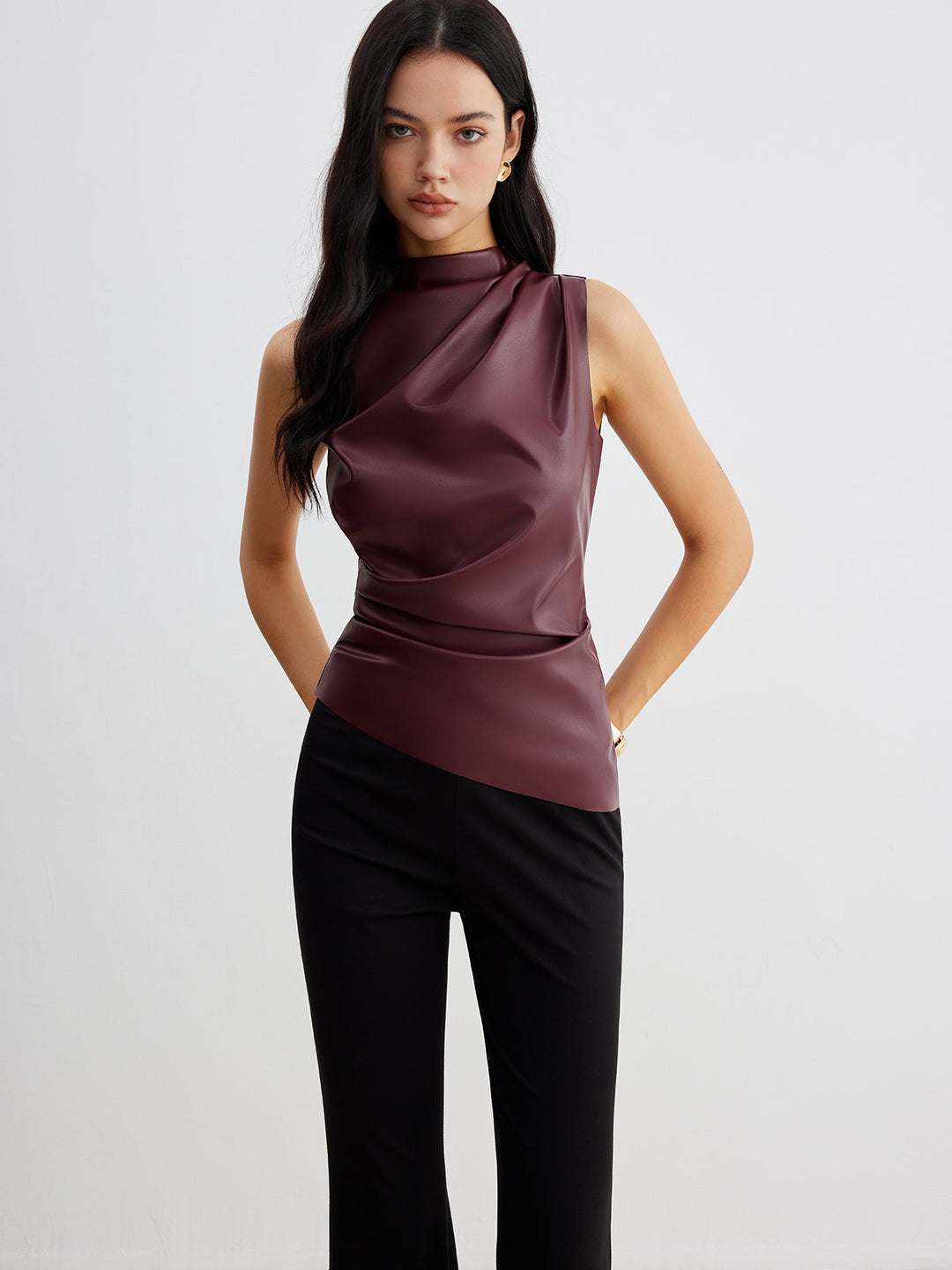 Clara | Asymmetrical Draped Sleeveless Top – Mock Neck