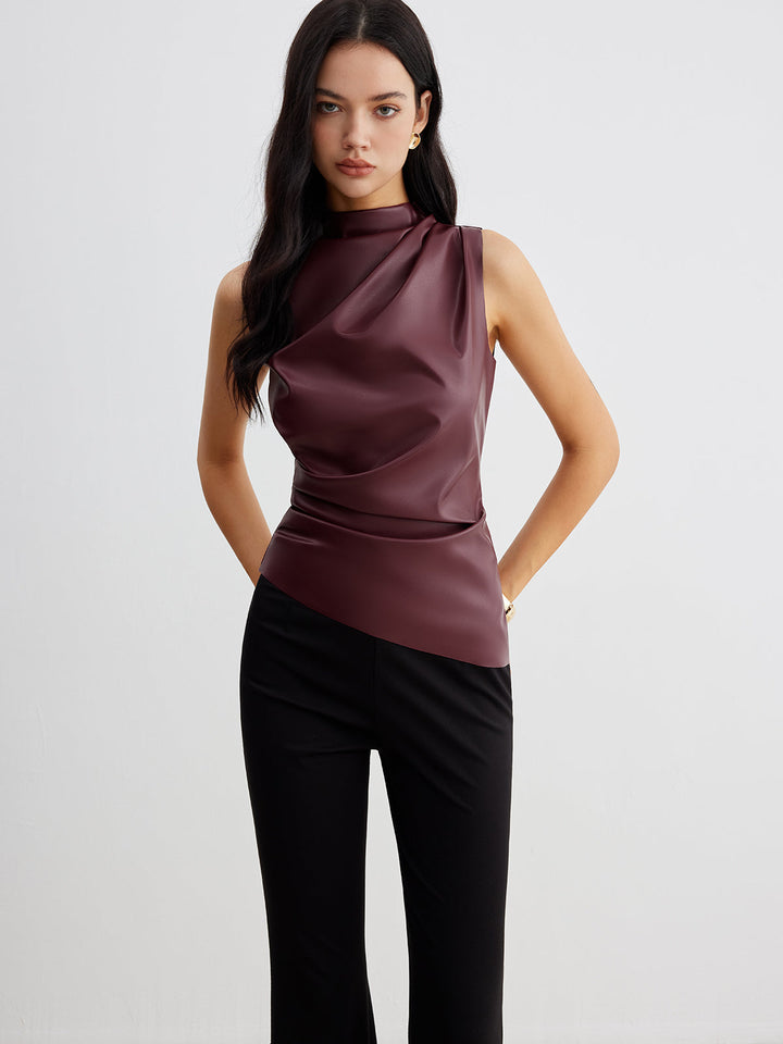 Clara | Asymmetrical Draped Sleeveless Top – Mock Neck