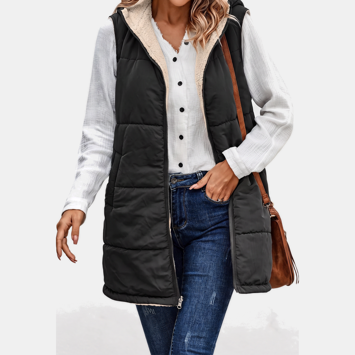 Aliana | Reversible Sherpa Fleece Sleeveless Hooded Zip Up Vest