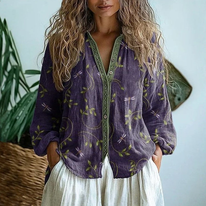 Celine | Printed V-Neck Long Sleeve Blouse