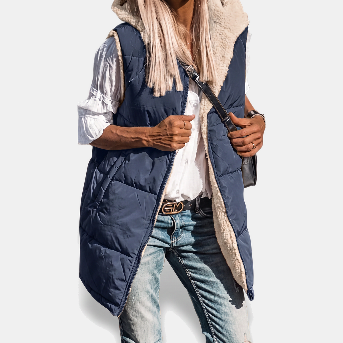 Aliana | Reversible Sherpa Fleece Sleeveless Hooded Zip Up Vest