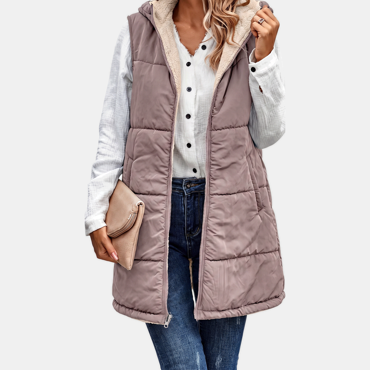 Aliana | Reversible Sherpa Fleece Sleeveless Hooded Zip Up Vest