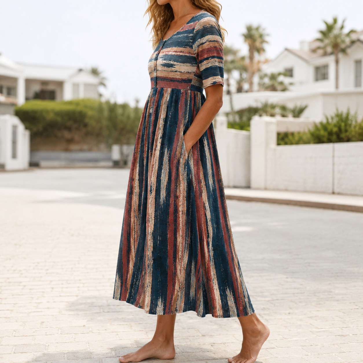 HOLLY | ELEGANT STRIPED TUMMY-COVERAGE MIDI DRESS