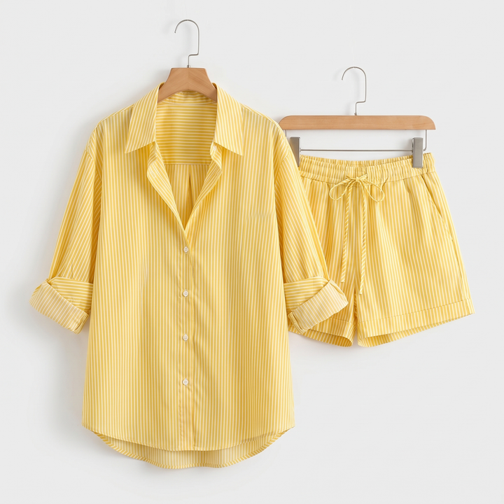 Amelia | Cotton Stripe Button-Up Top & Elastic Waist Shorts Set