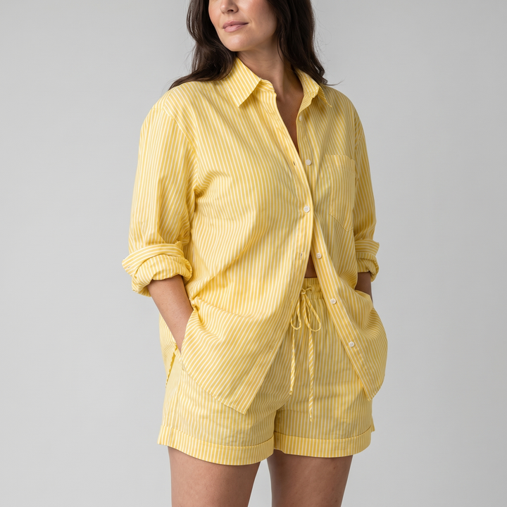 Amelia | Cotton Stripe Button-Up Top & Elastic Waist Shorts Set