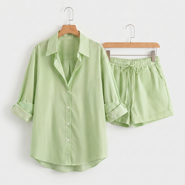 Amelia | Cotton Stripe Button-Up Top & Elastic Waist Shorts Set