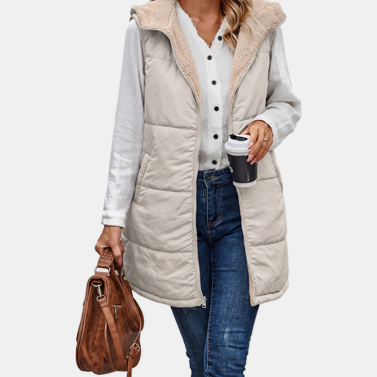 Aliana | Reversible Sherpa Fleece Sleeveless Hooded Zip Up Vest