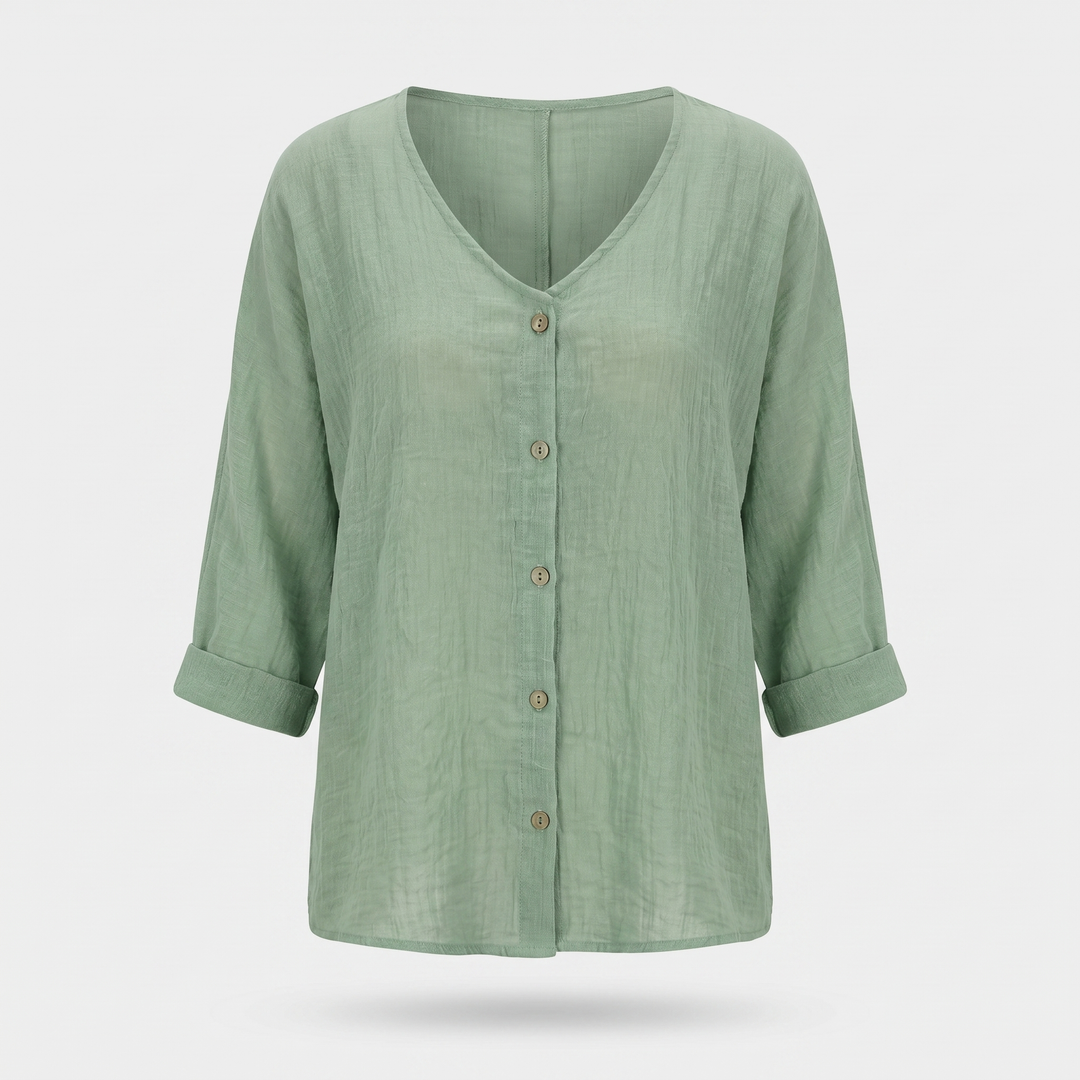 Sara | Crinkled Cotton Button-Up Shirt – V-neck, 3/4 Sleeve