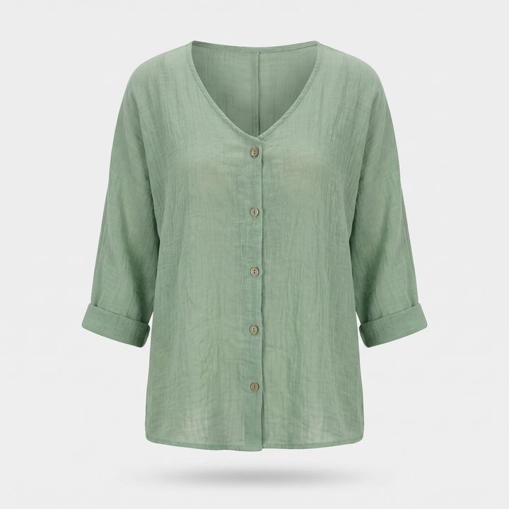 Sara | Crinkled Cotton Button-Up Shirt – V-neck, 3/4 Sleeve