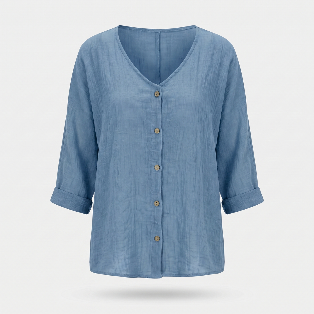 Sara | Crinkled Cotton Button-Up Shirt – V-neck, 3/4 Sleeve