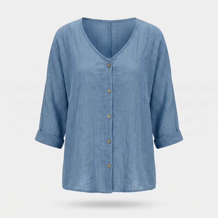 Sara | Crinkled Cotton Button-Up Shirt – V-neck, 3/4 Sleeve
