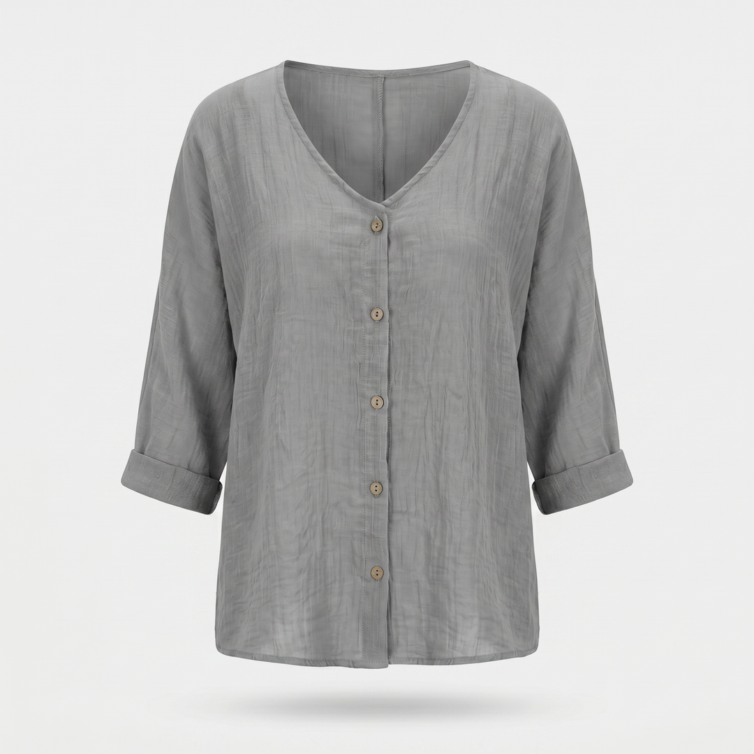 Sara | Crinkled Cotton Button-Up Shirt – V-neck, 3/4 Sleeve