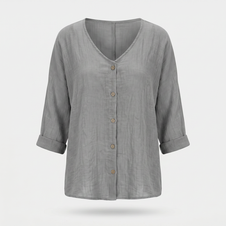 Sara | Crinkled Cotton Button-Up Shirt – V-neck, 3/4 Sleeve