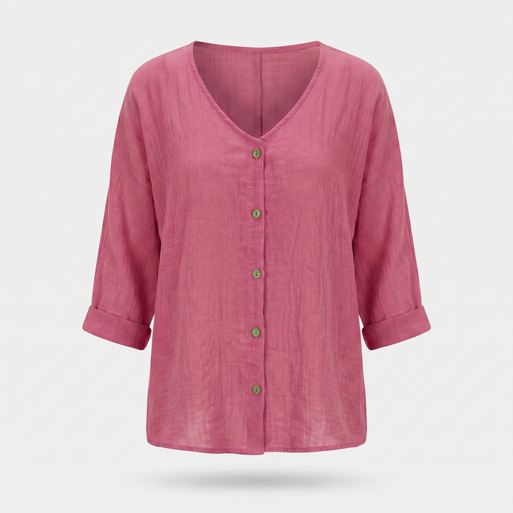 Sara | Crinkled Cotton Button-Up Shirt – V-neck, 3/4 Sleeve