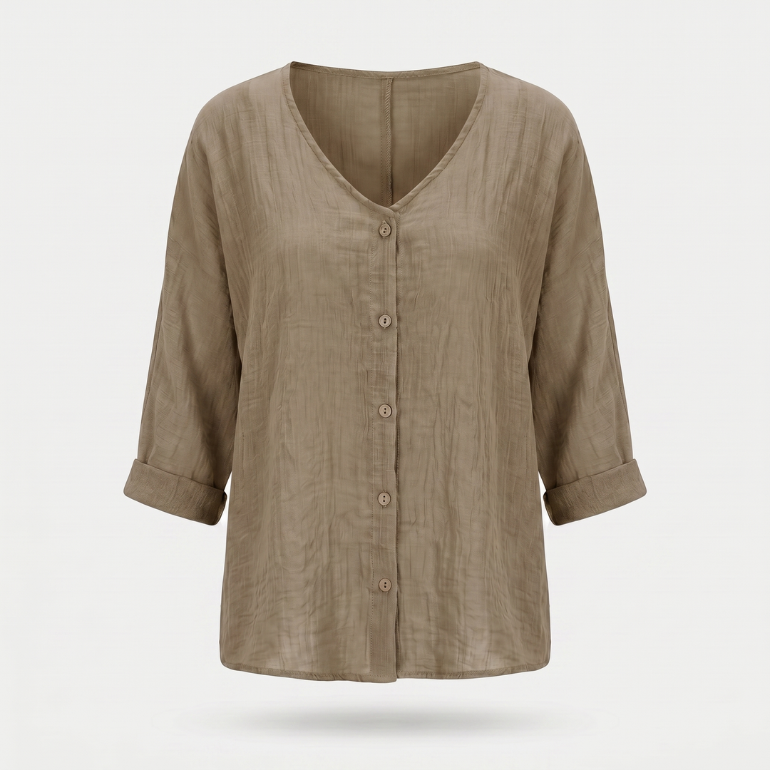 Sara | Crinkled Cotton Button-Up Shirt – V-neck, 3/4 Sleeve