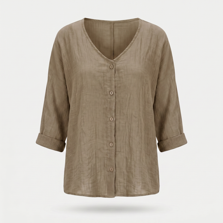 Sara | Crinkled Cotton Button-Up Shirt – V-neck, 3/4 Sleeve