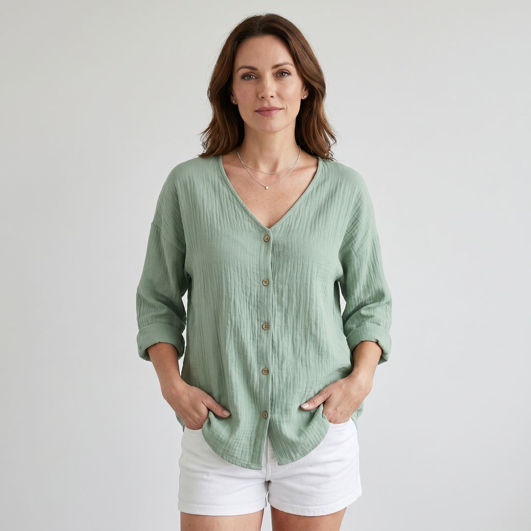 Sara | Crinkled Cotton Button-Up Shirt – V-neck, 3/4 Sleeve