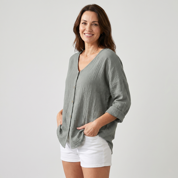 Sara | Crinkled Cotton Button-Up Shirt – V-neck, 3/4 Sleeve