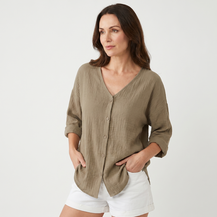 Sara | Crinkled Cotton Button-Up Shirt – V-neck, 3/4 Sleeve