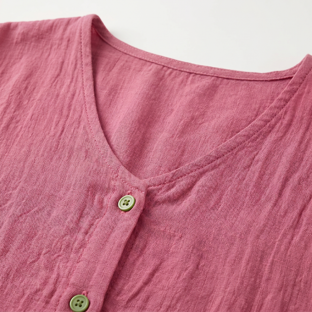 Sara | Crinkled Cotton Button-Up Shirt – V-neck, 3/4 Sleeve