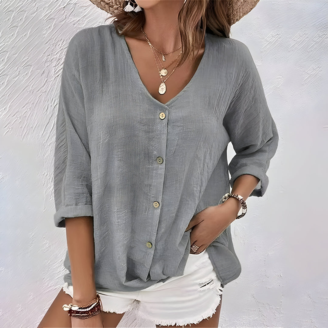 Naomi | Crinkled Cotton Button-Up Shirt – V-neck, 3/4 Sleeve