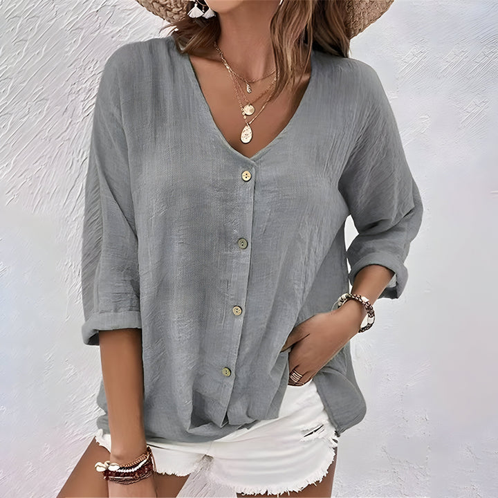 Naomi | Crinkled Cotton Button-Up Shirt – V-neck, 3/4 Sleeve