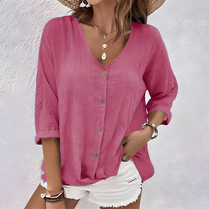Naomi | Crinkled Cotton Button-Up Shirt – V-neck, 3/4 Sleeve