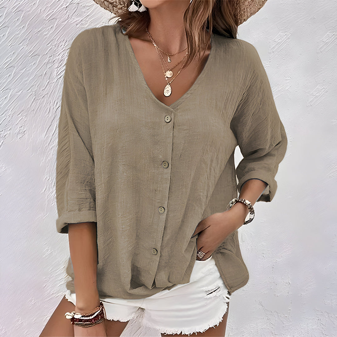 Naomi | Crinkled Cotton Button-Up Shirt – V-neck, 3/4 Sleeve