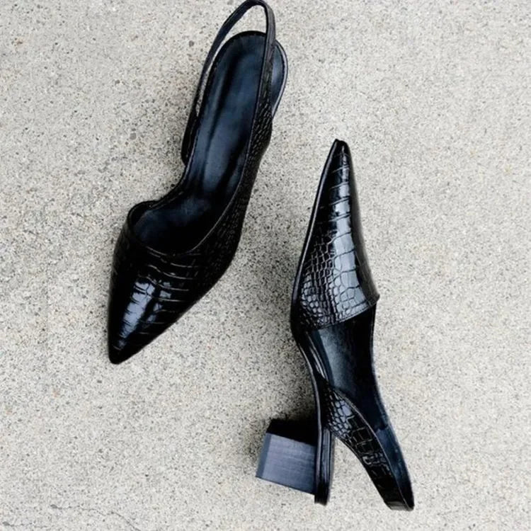 Mila | Croc-Embossed Slingback Block Heels with Pointed Toe