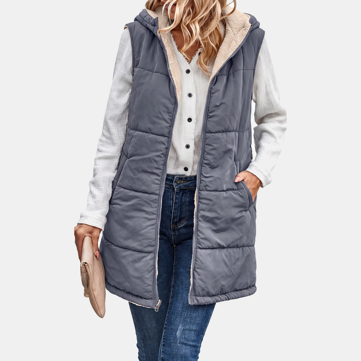 Aliana | Reversible Sherpa Fleece Sleeveless Hooded Zip Up Vest