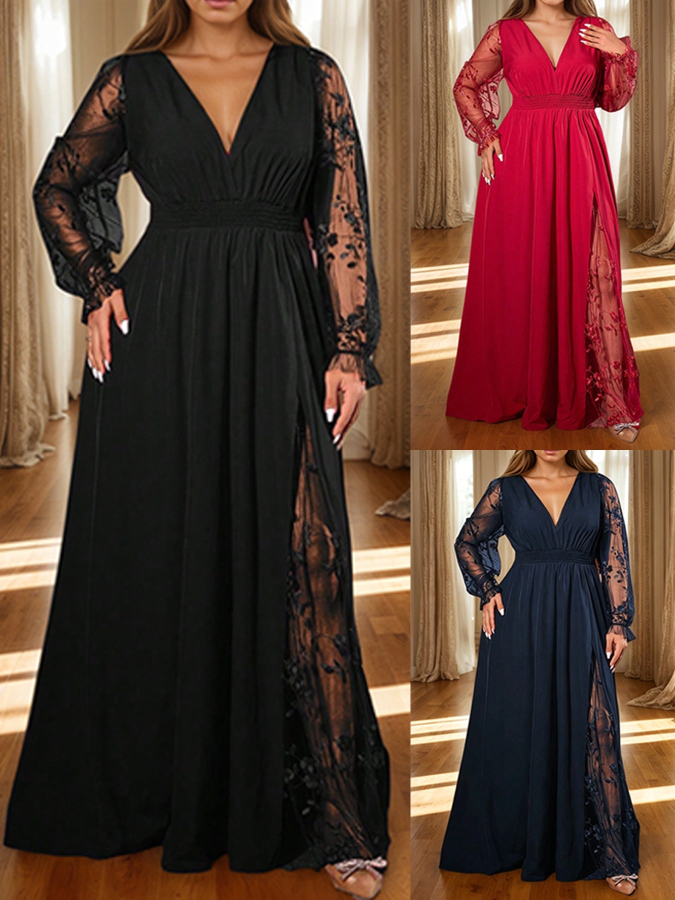 Elara | Lace-Sleeve Plus-Size Maxi Dress