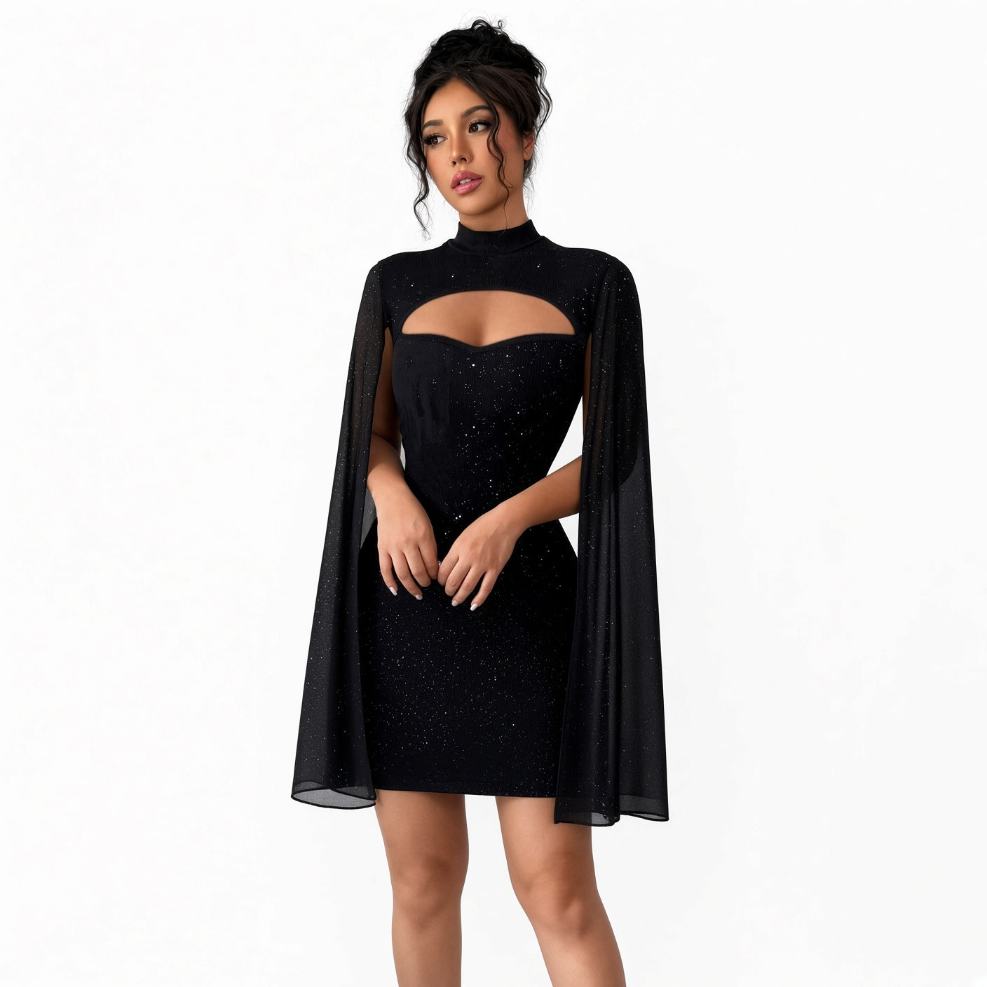 The Elara Glitter Cape Mini Dress