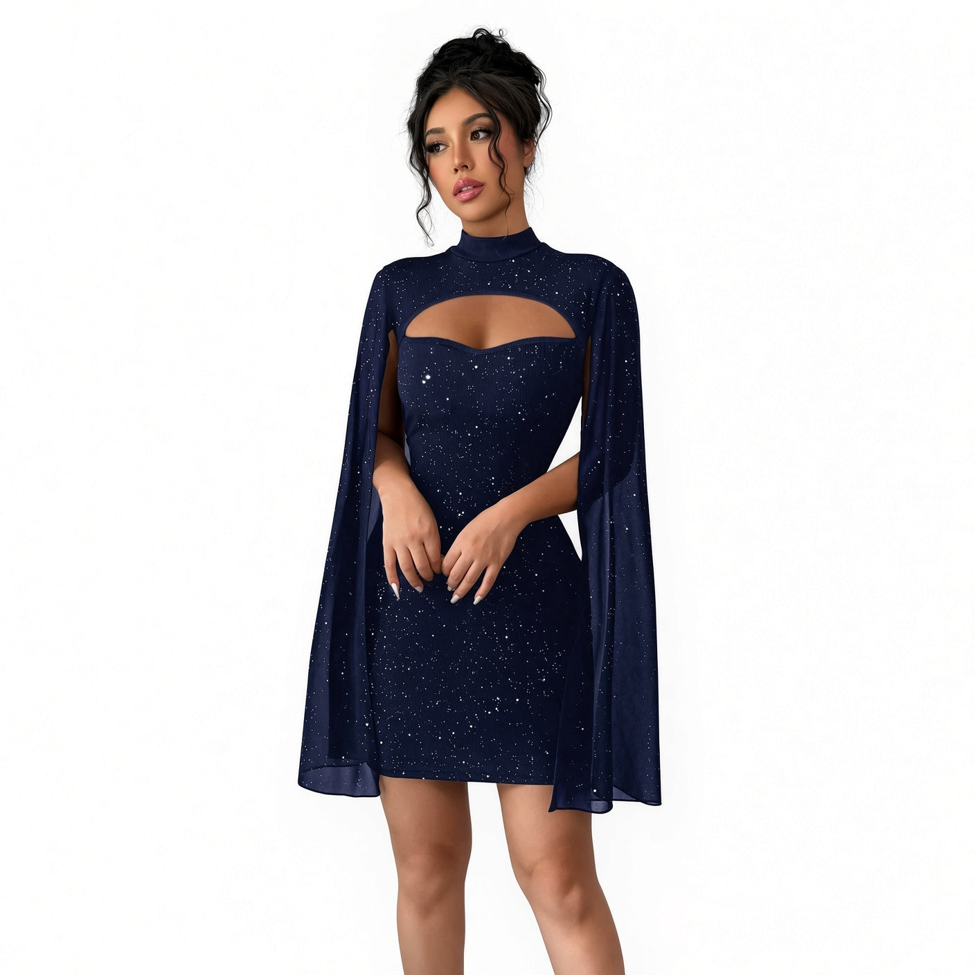 The Elara Glitter Cape Mini Dress