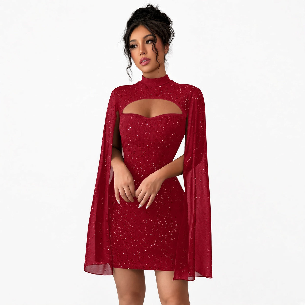 The Elara Glitter Cape Mini Dress