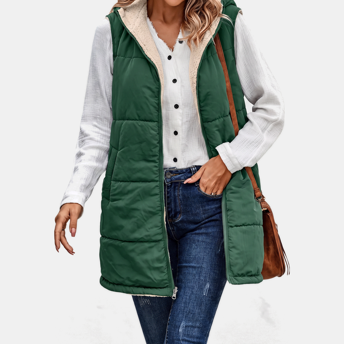 Aliana | Reversible Sherpa Fleece Sleeveless Hooded Zip Up Vest