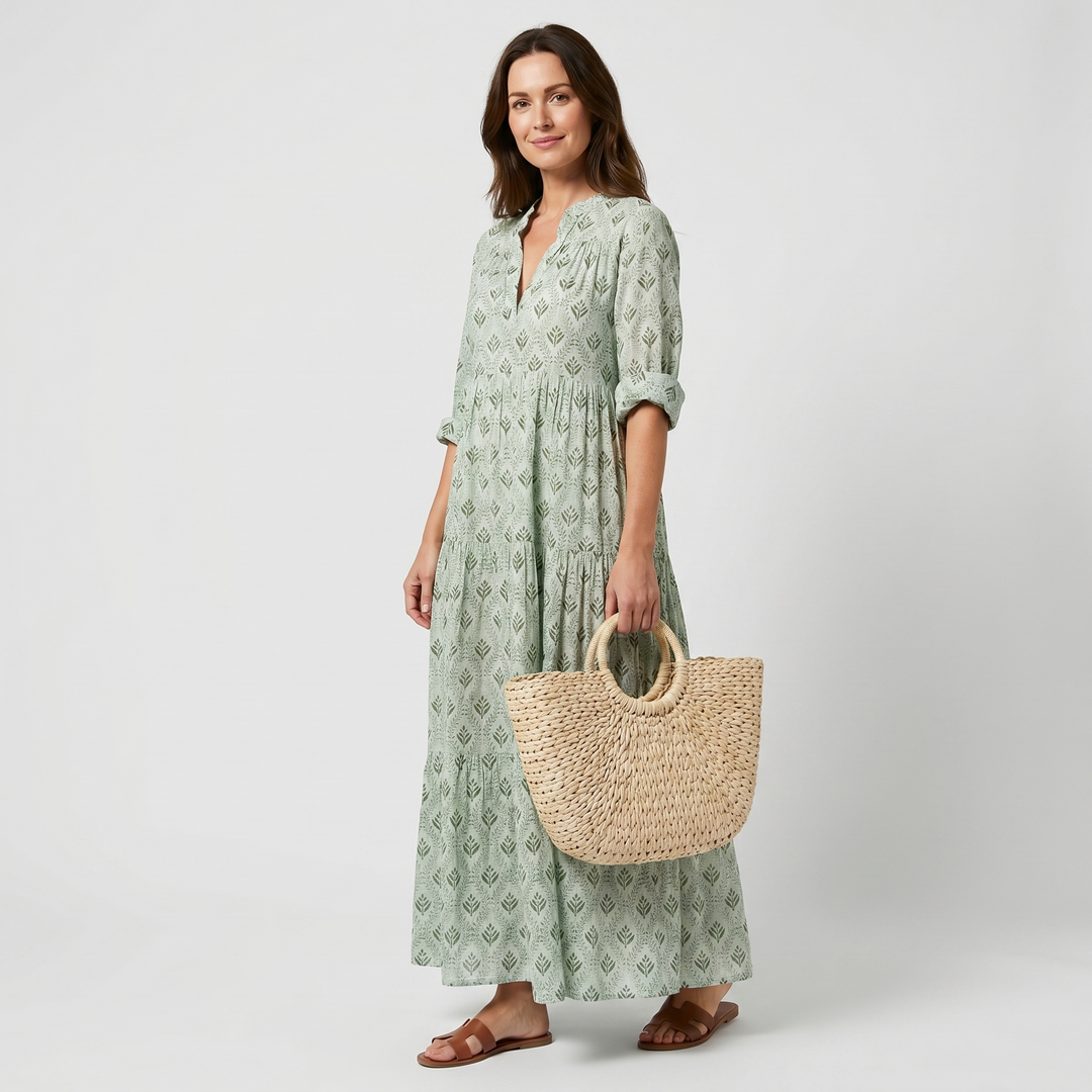 Maisie | Floral Cotton Beach Maxi Dress with Tiered V-neck