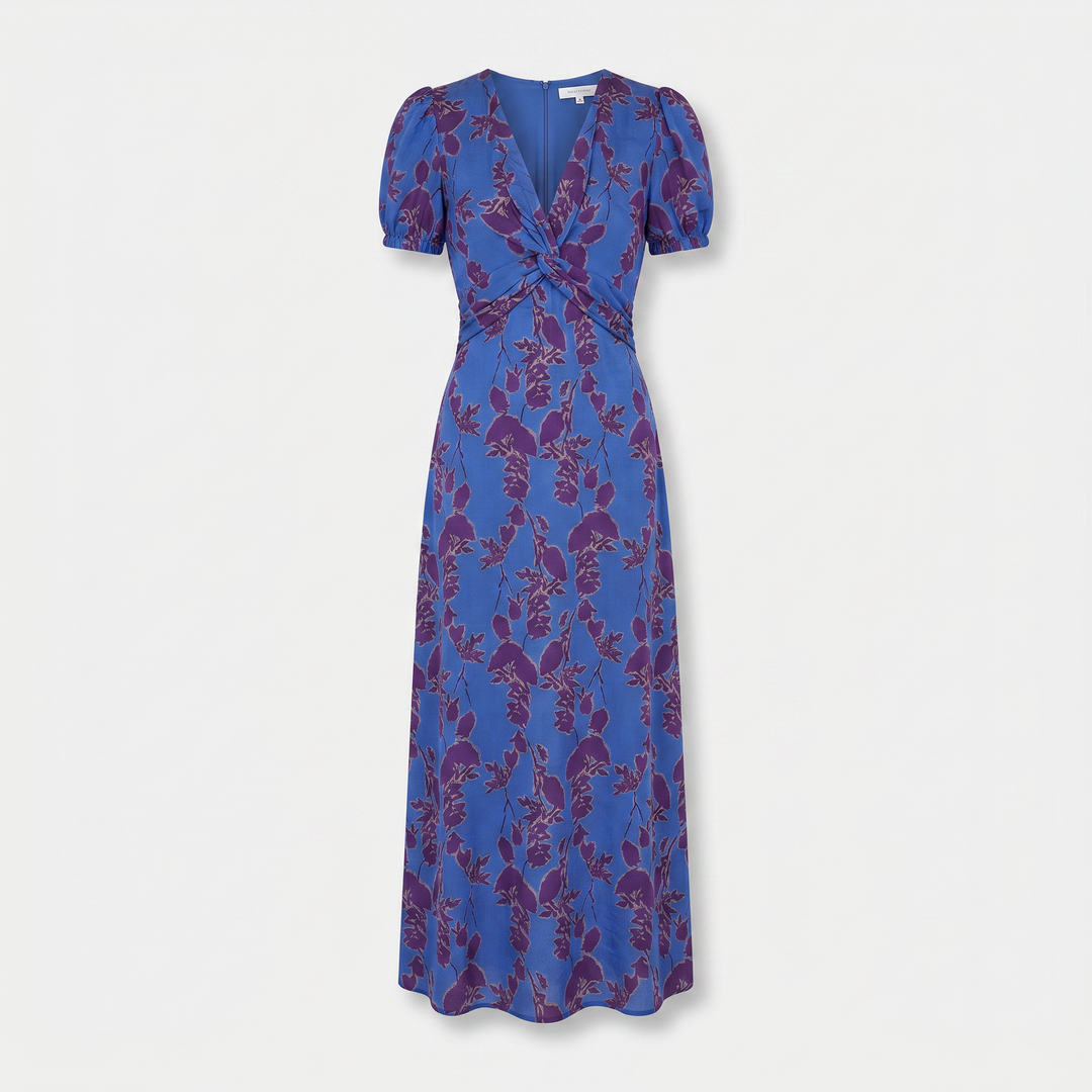Florence | Floral Print A-Line Midi Dress with Puff Sleeves and