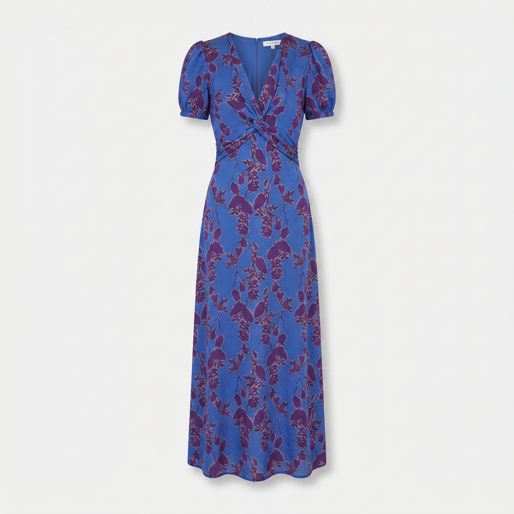 Florence | Floral Print A-Line Midi Dress with Puff Sleeves and